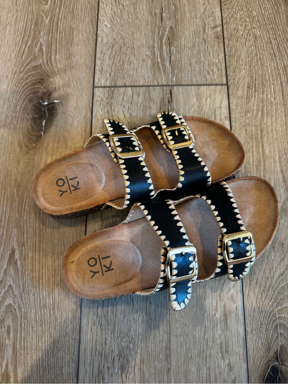 Yoki Black Double-Buckle Slide Sandals with Gold Trim